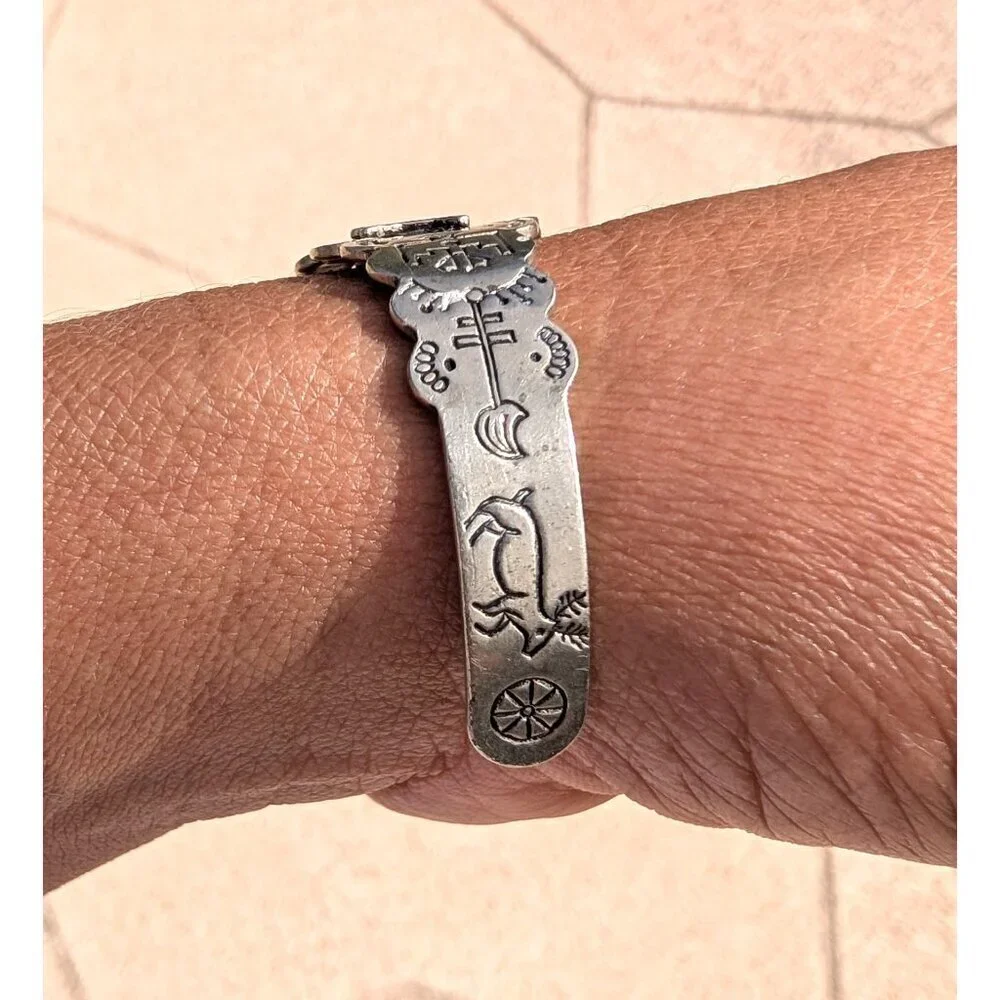 VTG Navajo Nickel Silver & Turquoise Cuff Bracelet Stamped Horses 15.8g Native A